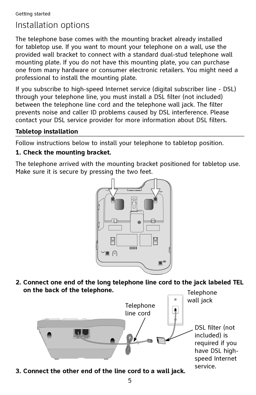 AT&T CL2909 user manual Installation options, Tabletop installation, Check the mounting bracket 