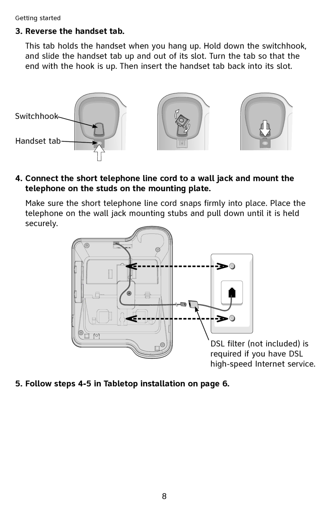 AT&T CL2909 user manual Reverse the handset tab, Follow steps 4-5 in Tabletop installation on 