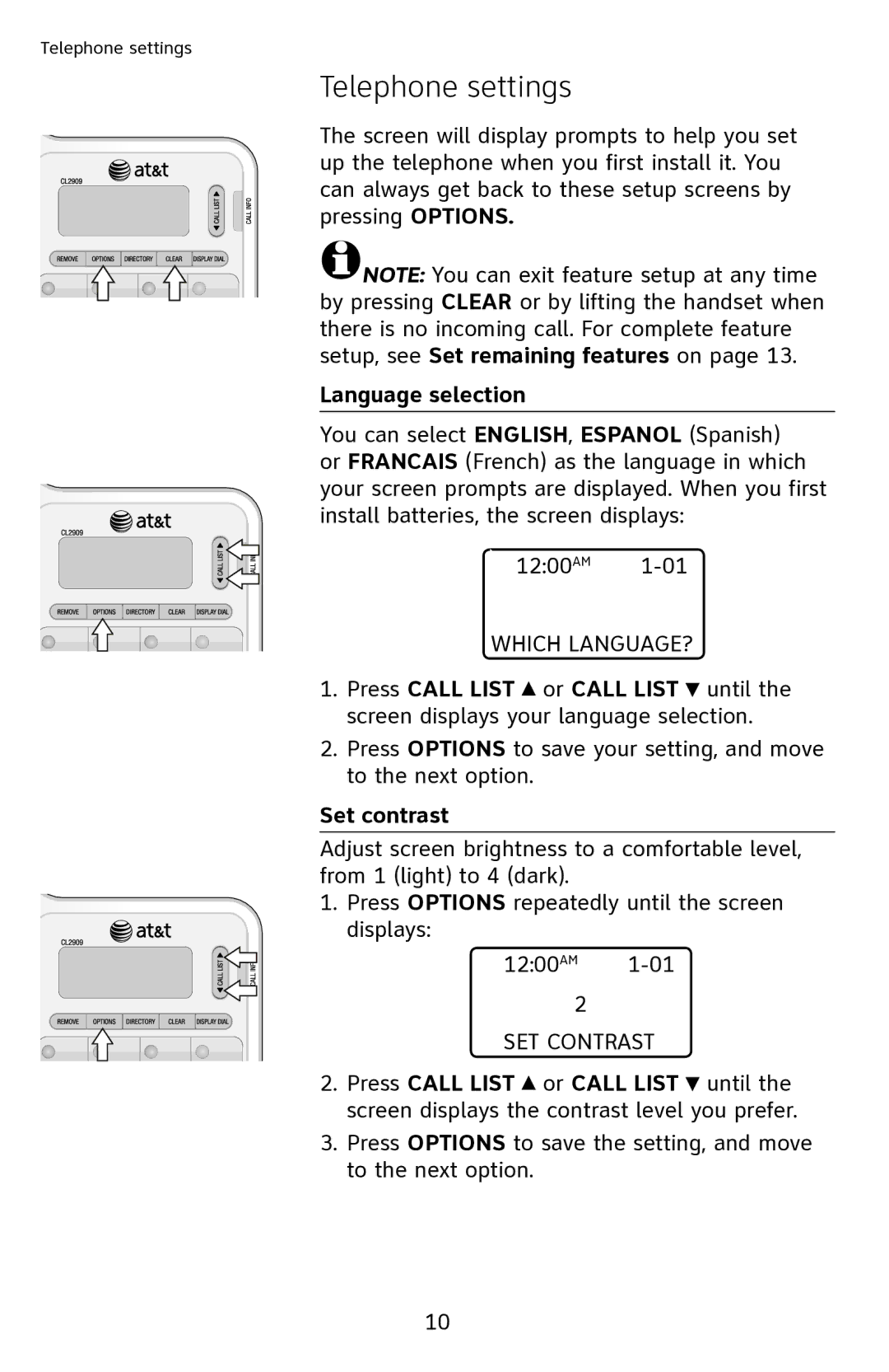 AT&T CL2909 user manual Telephone settings, Language selection, Which LANGUAGE?, Set contrast, SET Contrast 