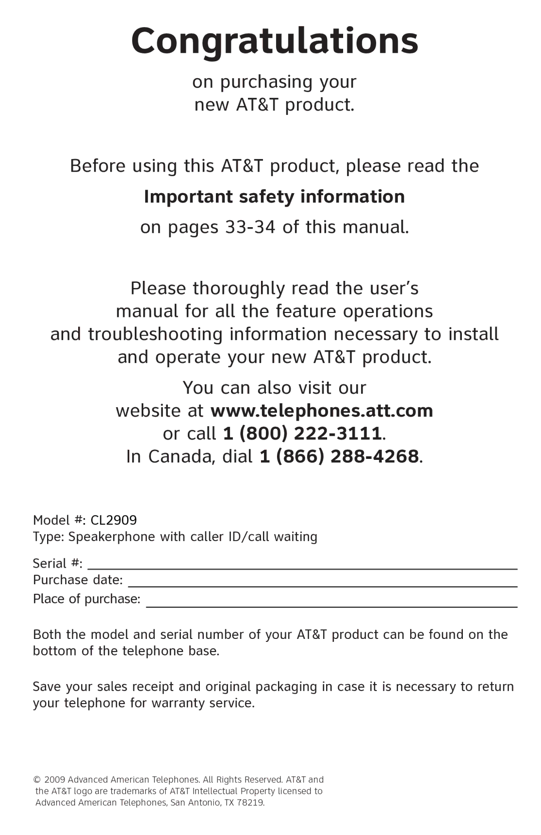 AT&T CL2909 user manual Congratulations, Canada, dial 1 866 