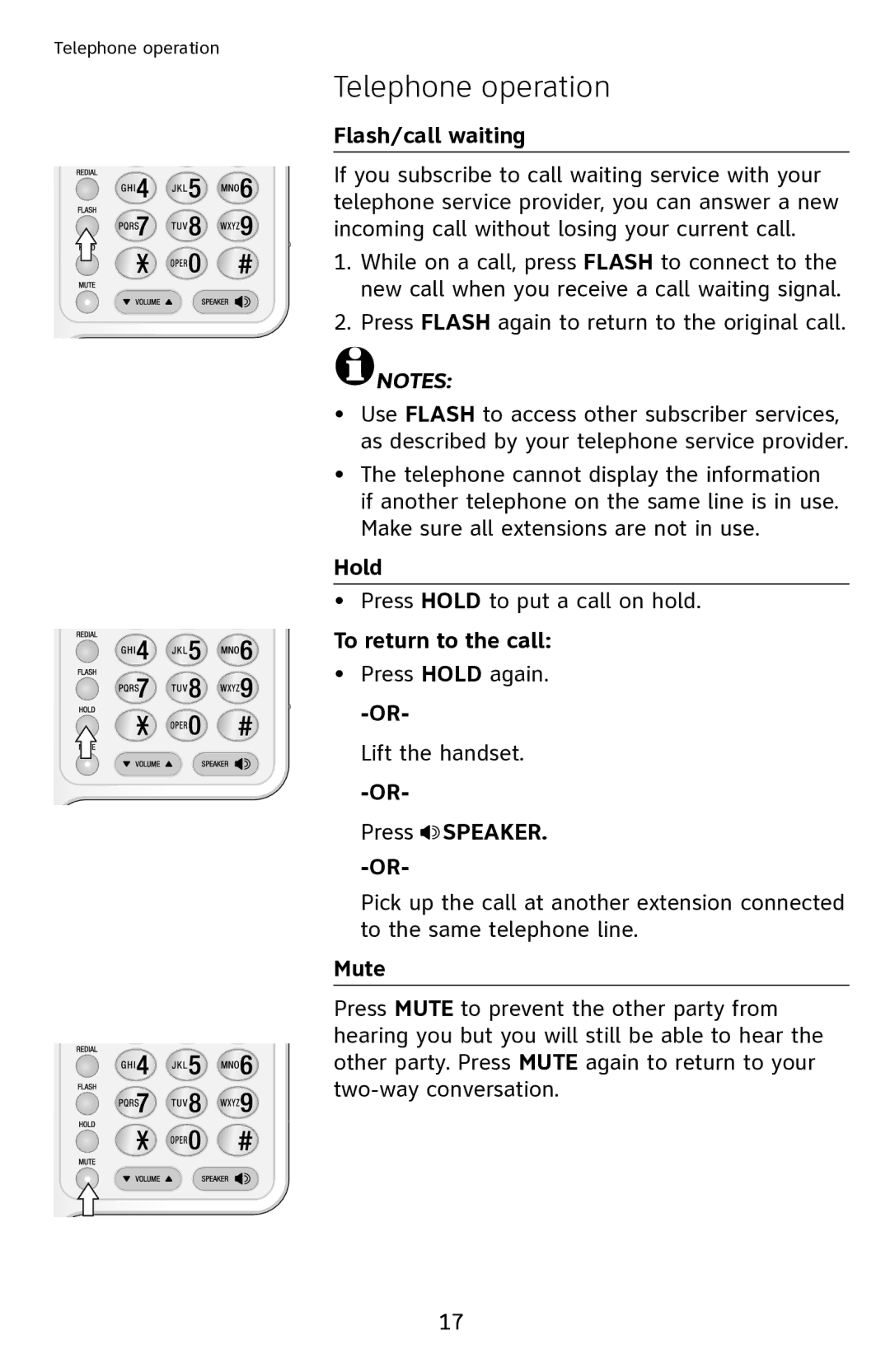 AT&T CL2909 user manual Flash/call waiting, Hold, To return to the call, Mute 