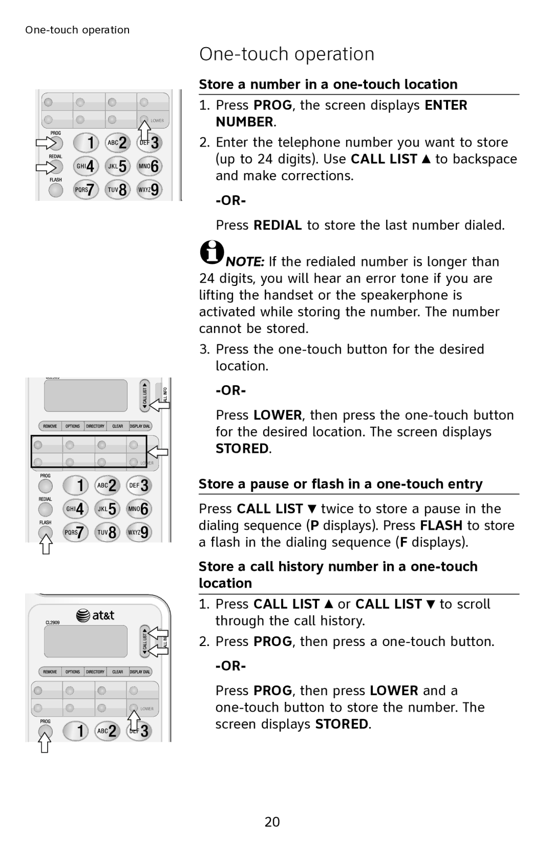 AT&T CL2909 user manual Store a number in a one-touch location, Store a pause or flash in a one-touch entry 