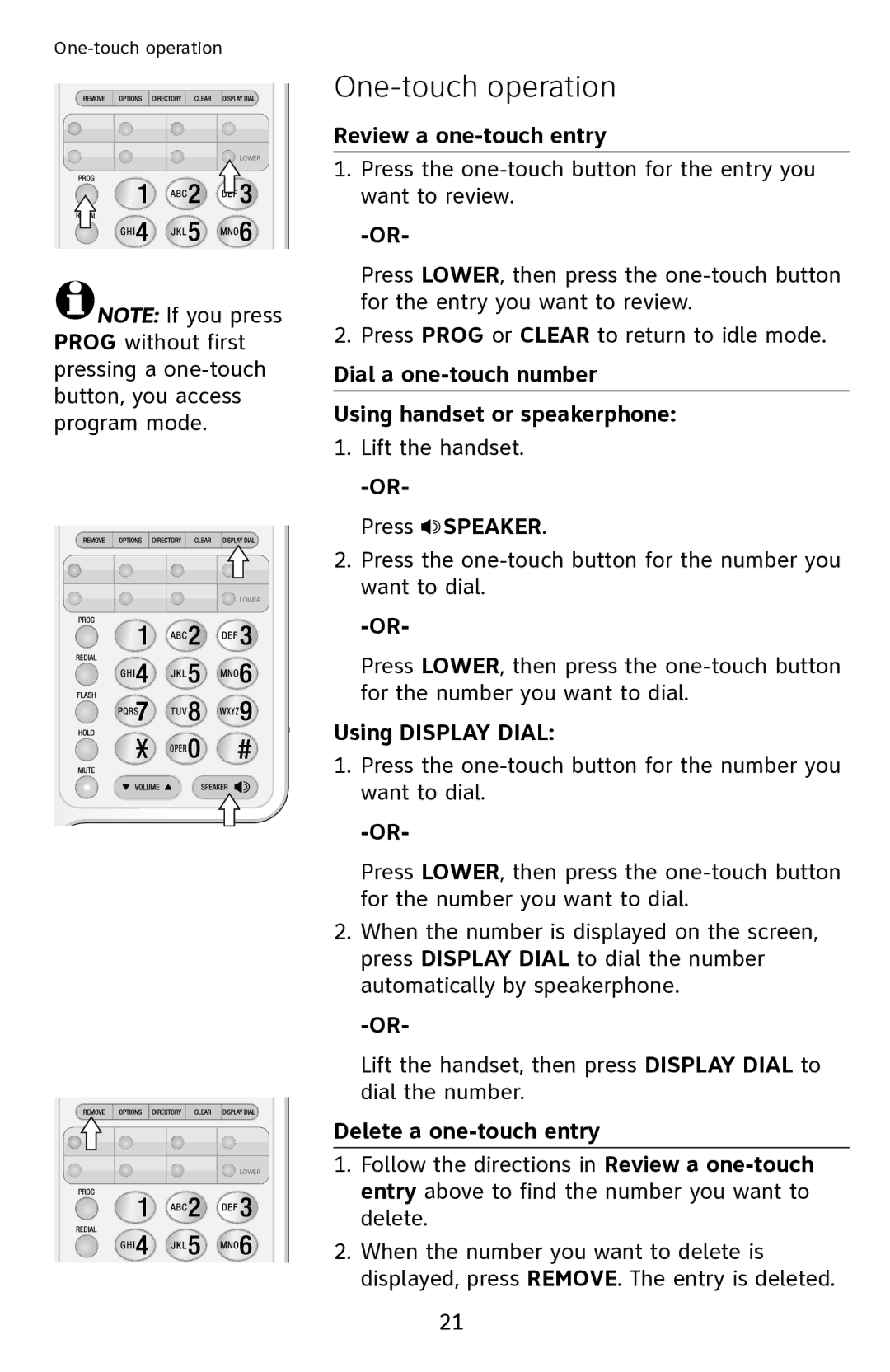 AT&T CL2909 user manual Review a one-touch entry, Dial a one-touch number Using handset or speakerphone, Using Display Dial 