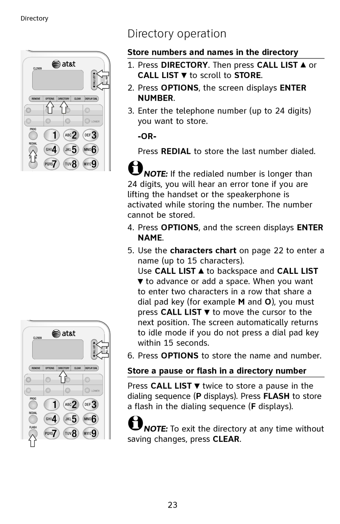 AT&T CL2909 user manual Store numbers and names in the directory, Store a pause or flash in a directory number 