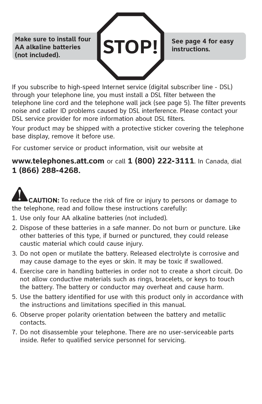 AT&T CL2909 user manual Make sure to install four, AA alkaline batteries, Instructions, Not included 