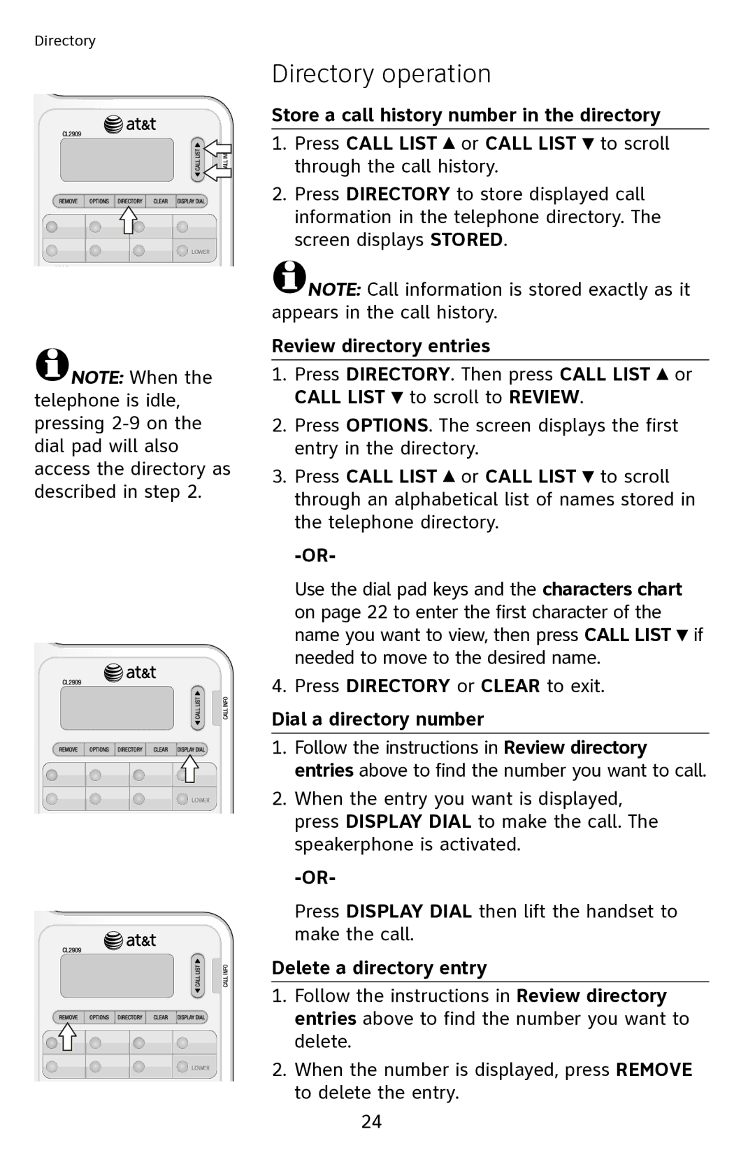 AT&T CL2909 user manual Review directory entries, Dial a directory number, Delete a directory entry 