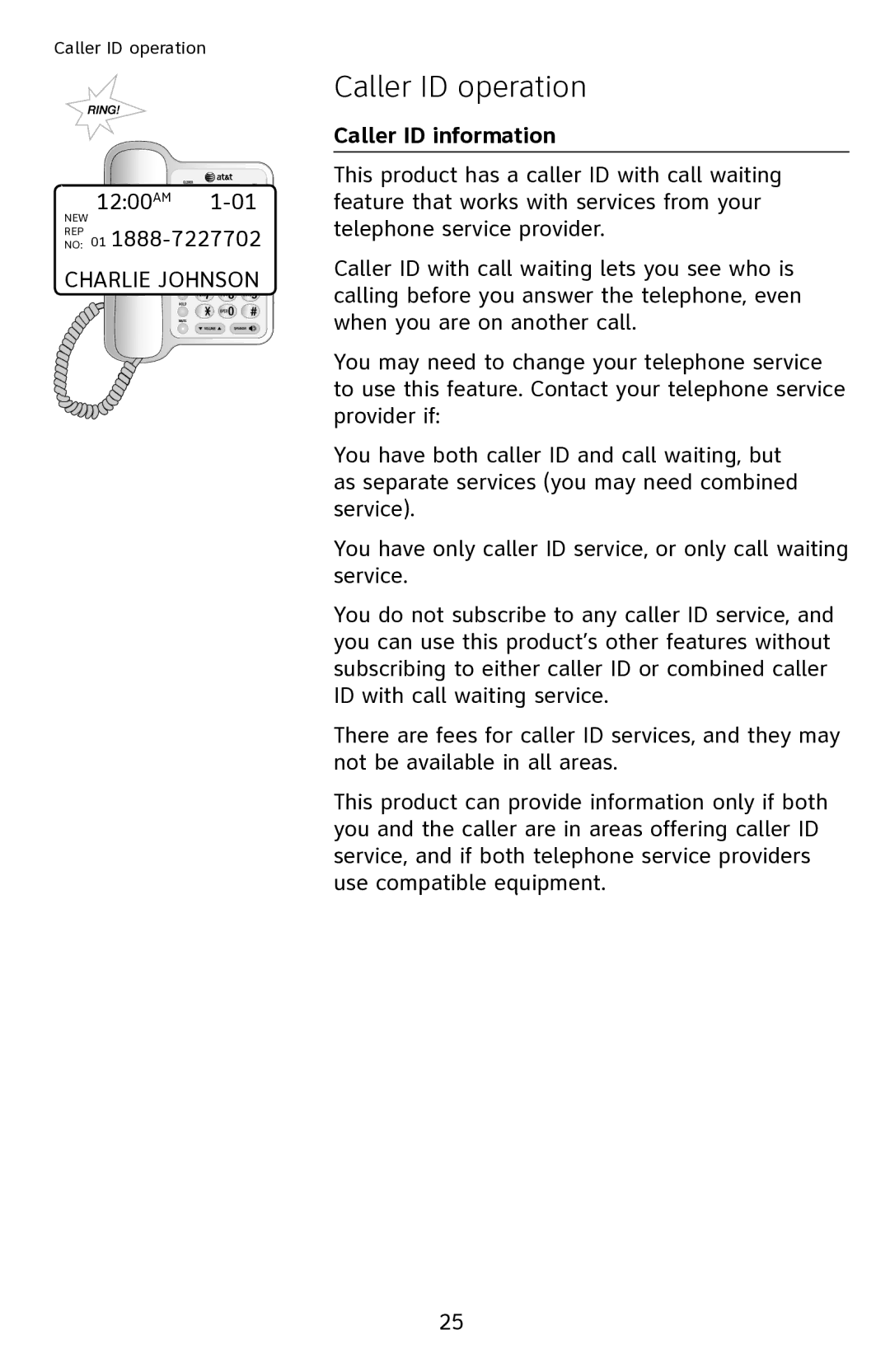 AT&T CL2909 user manual Caller ID operation, Charlie Johnson, Caller ID information 