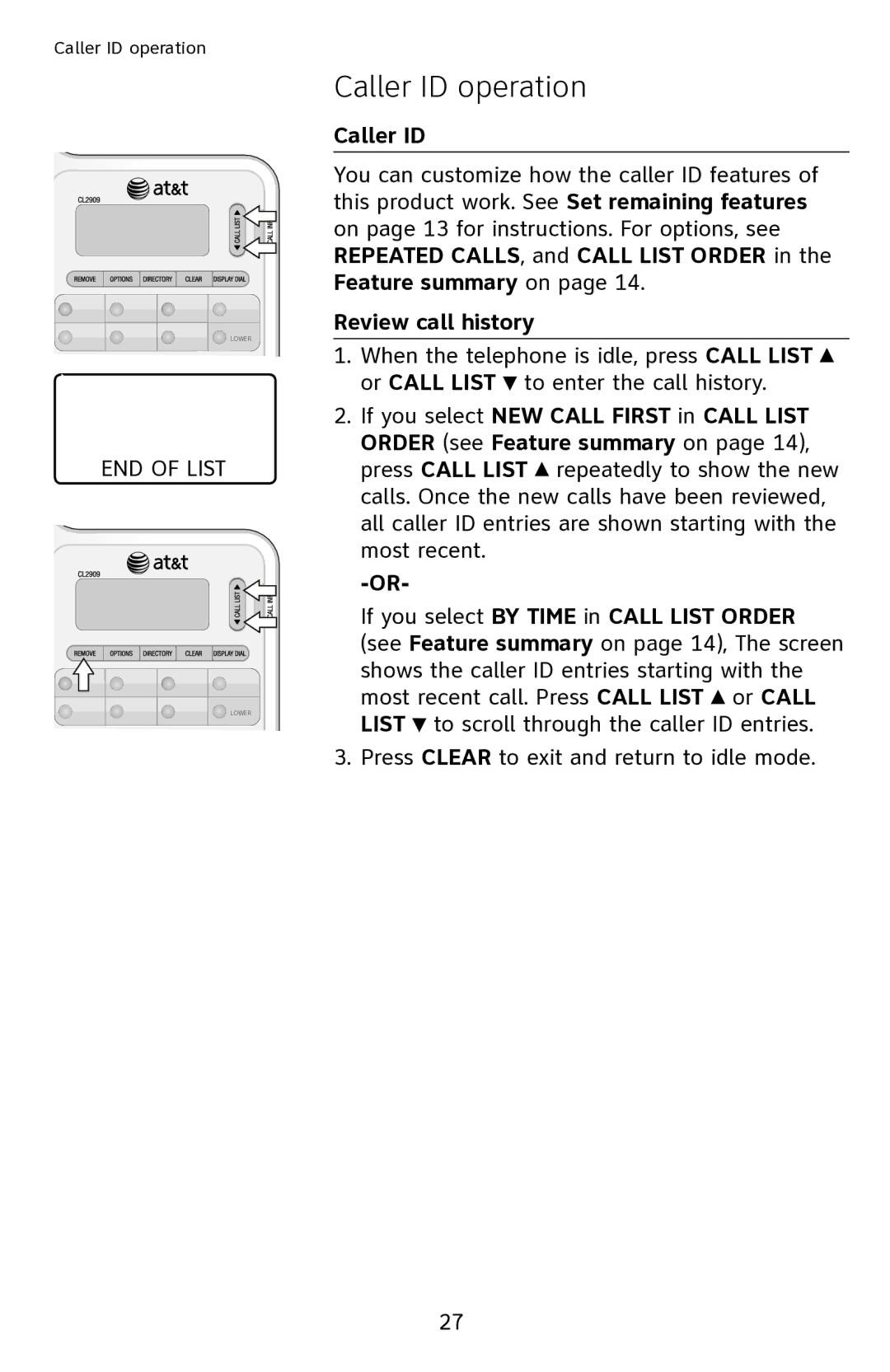 AT&T CL2909 user manual Caller ID, Review call history, END of List 