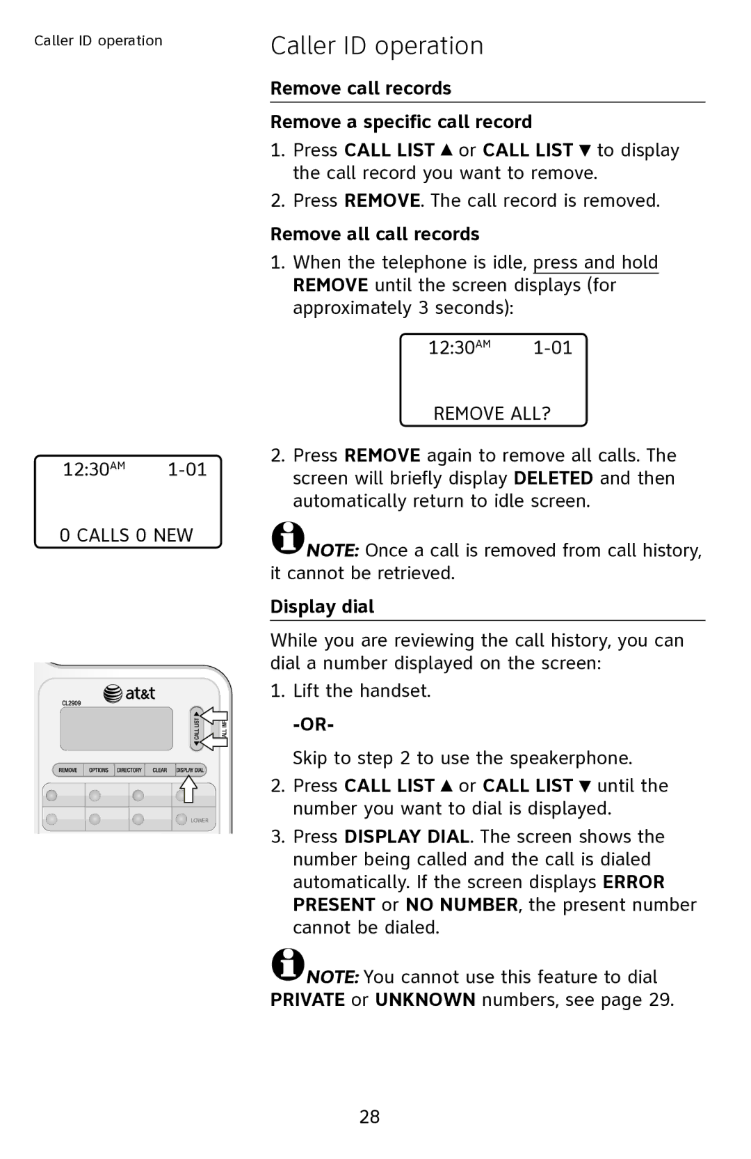 AT&T CL2909 user manual Remove all call records, Remove ALL?, Calls 0 NEW, Display dial 