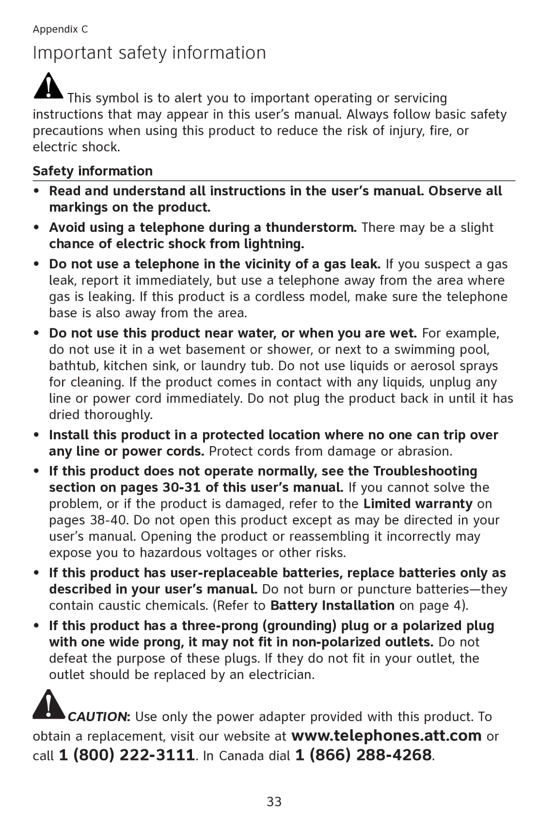 AT&T CL2909 user manual Important safety information 