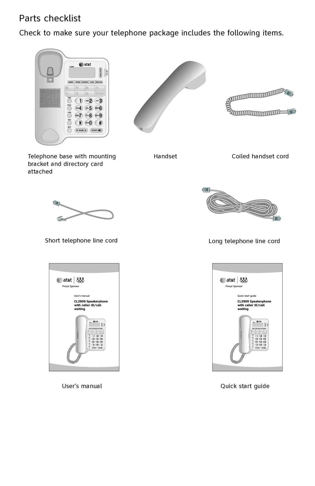 AT&T CL2909 user manual Parts checklist 