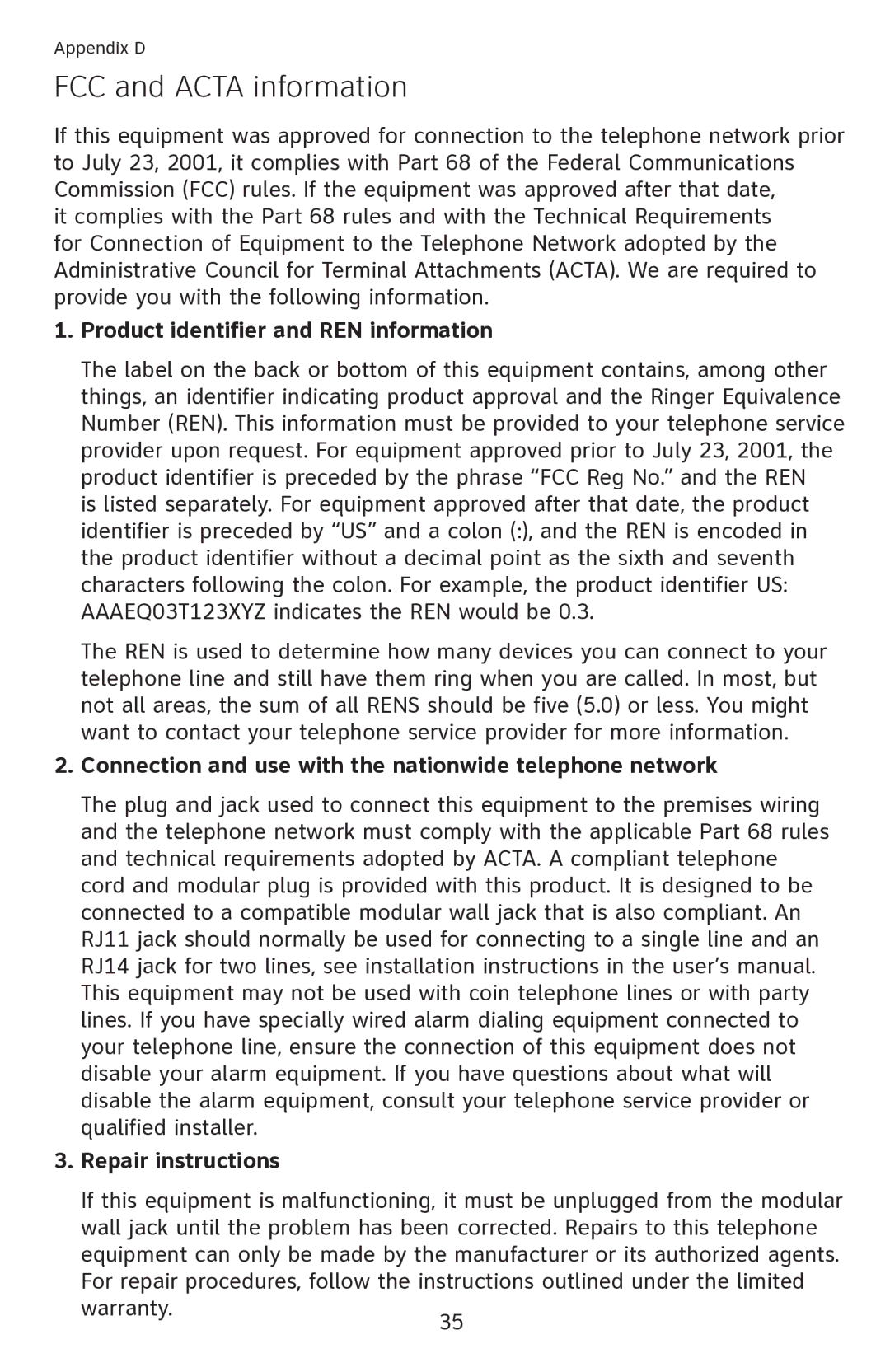 AT&T CL2909 user manual FCC and Acta information, Product identifier and REN information, Repair instructions 