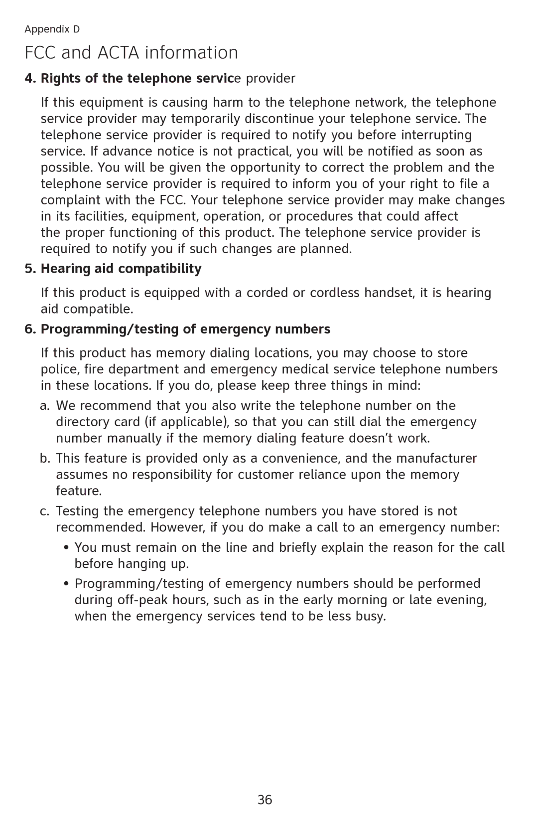 AT&T CL2909 Rights of the telephone service provider, Hearing aid compatibility, Programming/testing of emergency numbers 