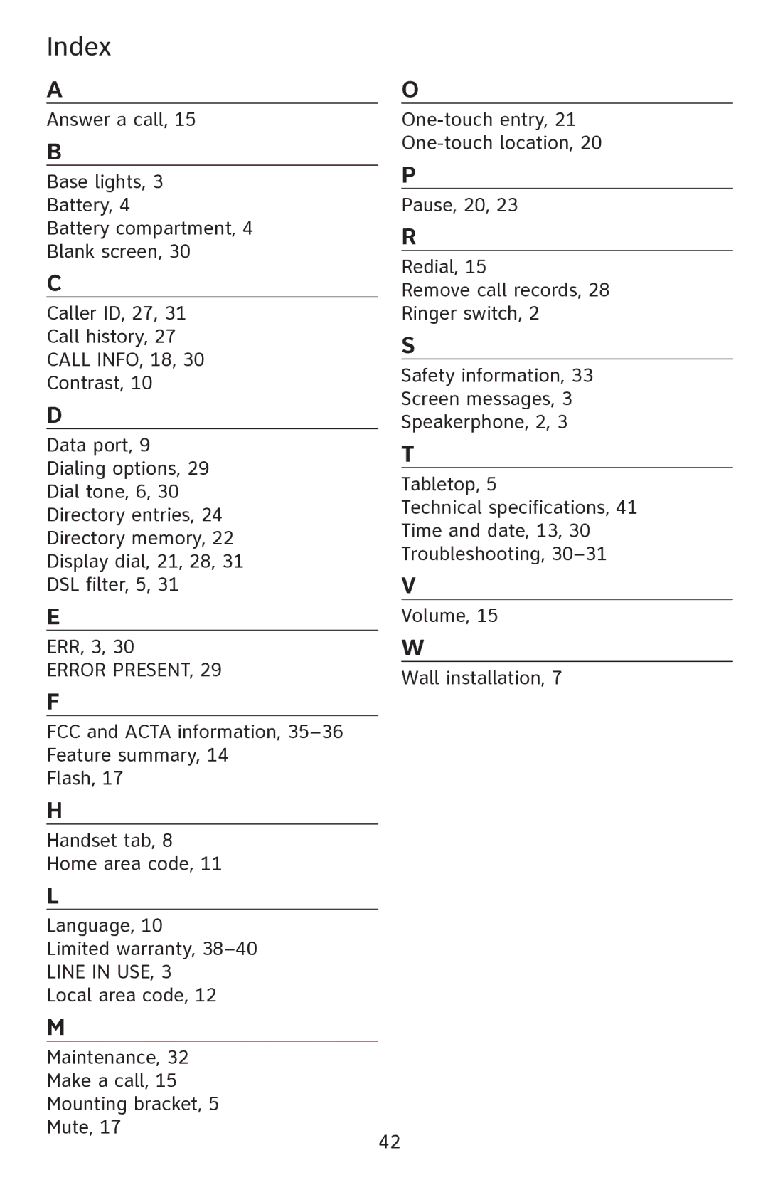 AT&T CL2909 user manual Index, Error Present, Line in USE 