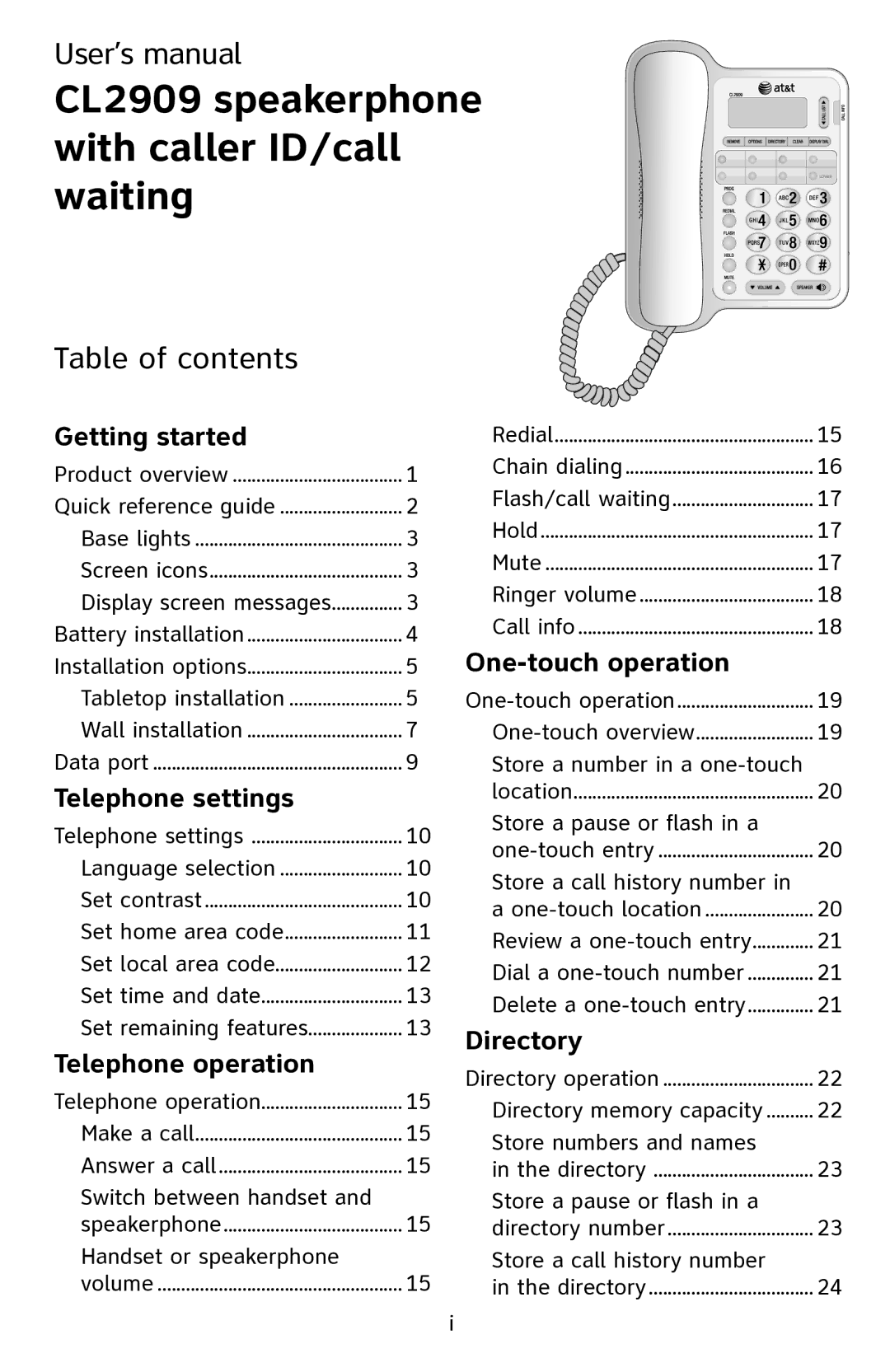 AT&T CL2909 user manual User’s manual, Table of contents 