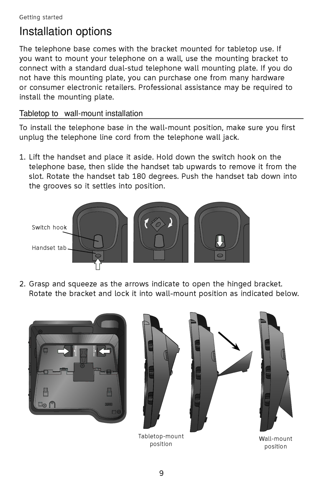 AT&T CL2939 user manual Installation options, Tabletop to wall-mount installation 