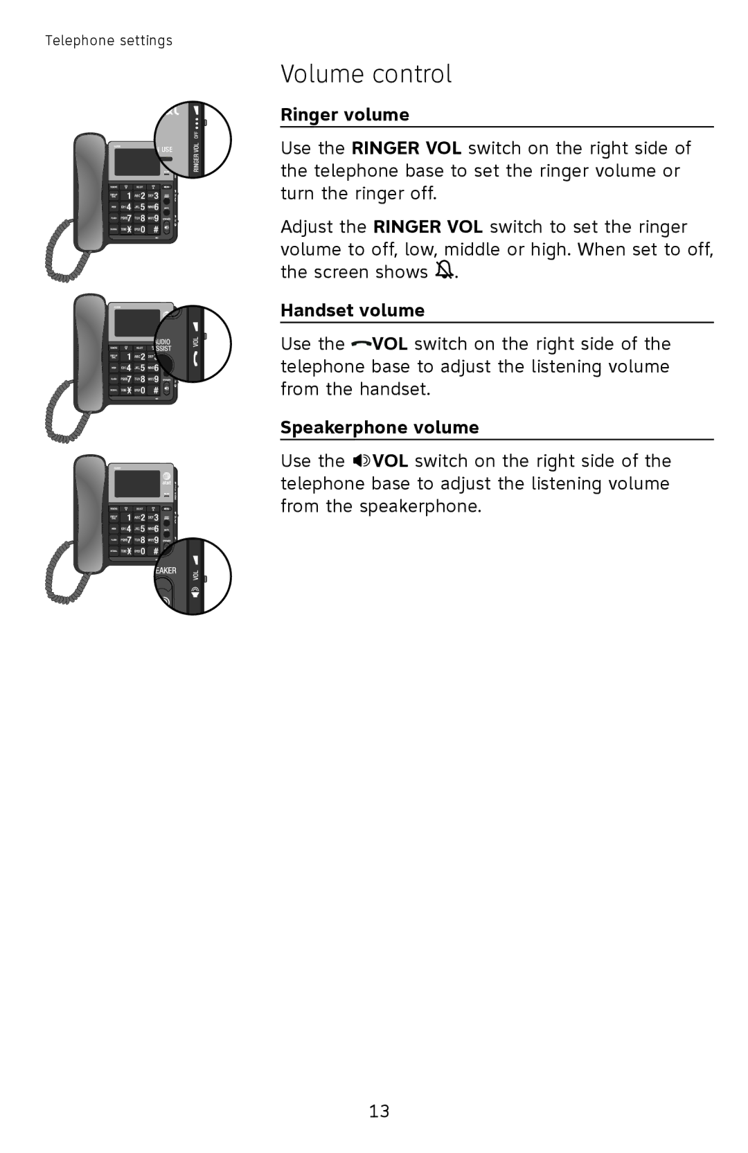 AT&T CL2939 user manual Volume control, Ringer volume, Handset volume, Speakerphone volume 