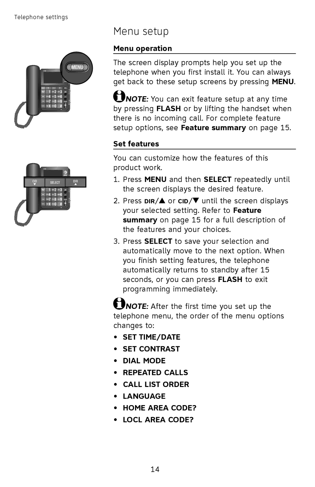 AT&T CL2939 user manual Menu setup, Menu operation, Set features 