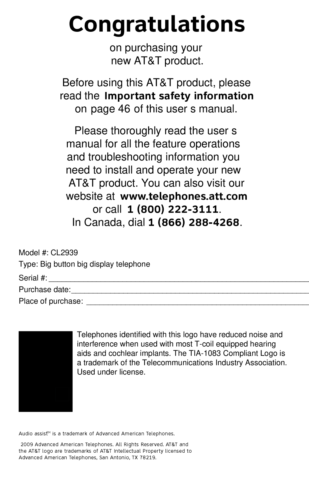 AT&T CL2939 user manual On purchasing your new AT&T product, Canada, dial 1 866 