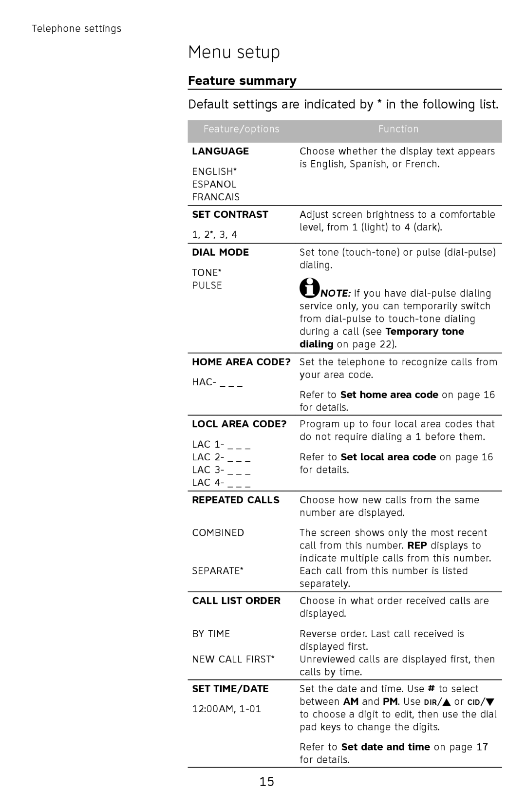 AT&T CL2939 user manual Feature summary, Default settings are indicated by * in the following list 