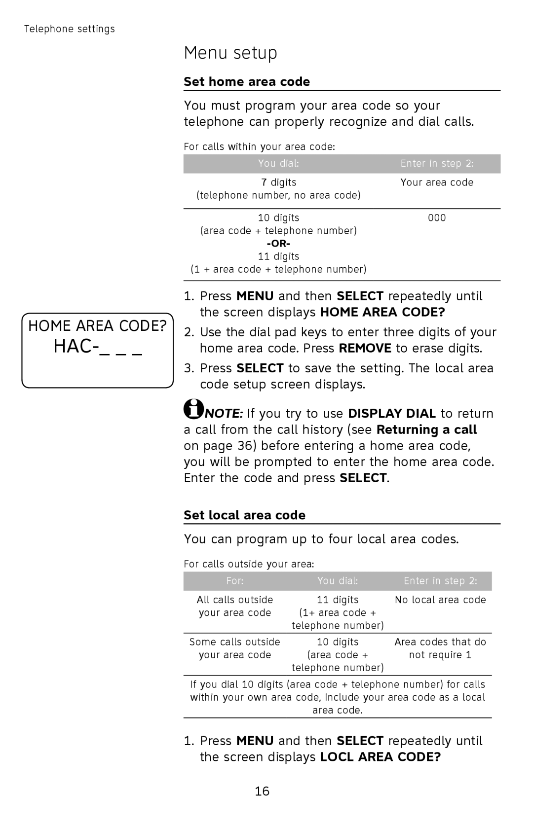 AT&T CL2939 user manual Set home area code, Set local area code 