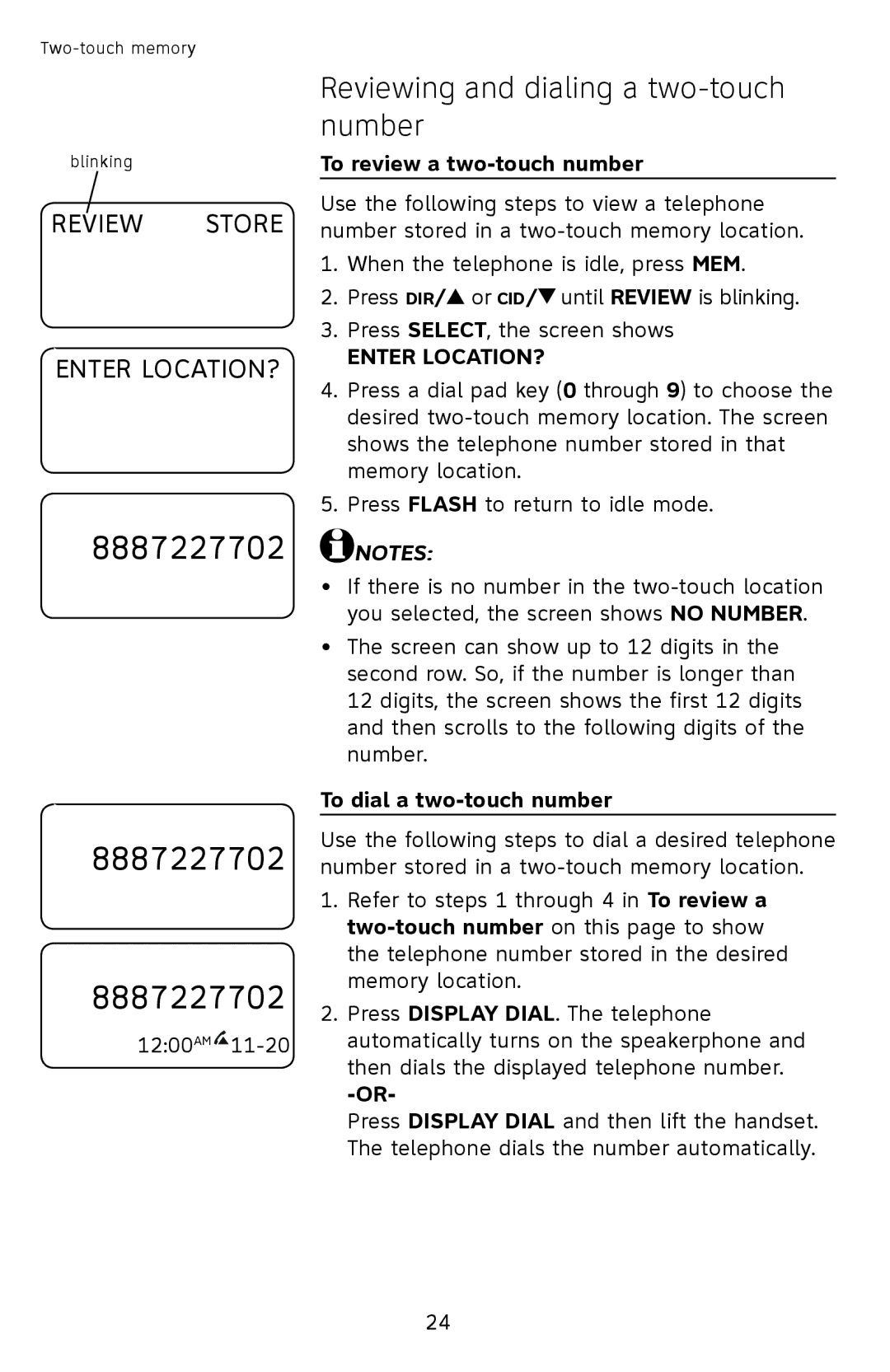 AT&T CL2939 user manual Reviewing and dialing a two-touch number, To review a two-touch number, To dial a two-touch number 