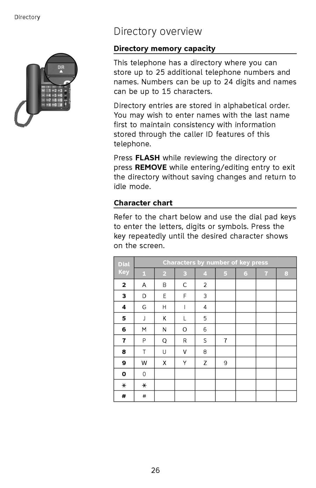 AT&T CL2939 user manual Directory overview, Directory memory capacity, Character chart 