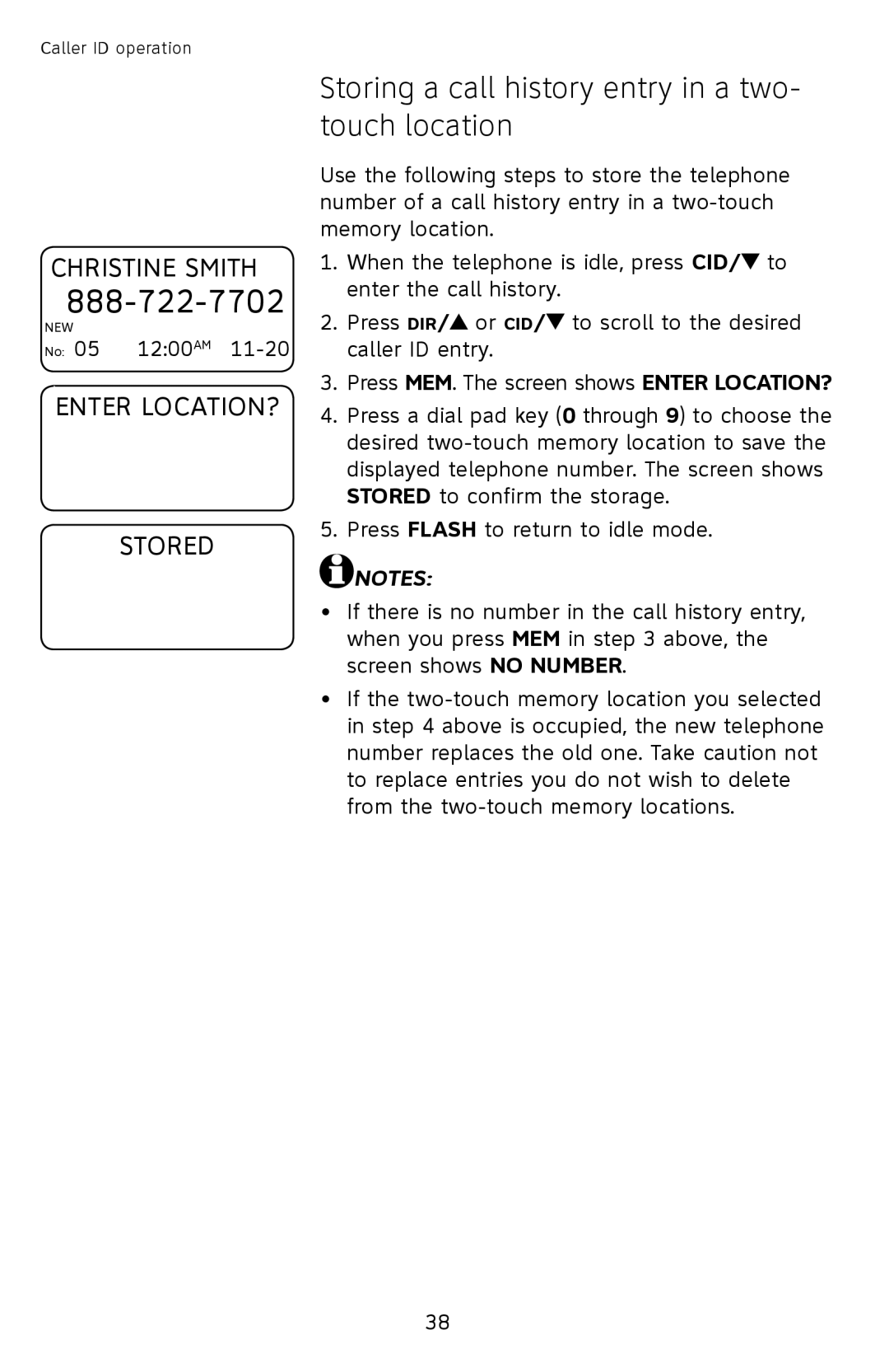 AT&T CL2939 user manual Storing a call history entry in a two- touch location 