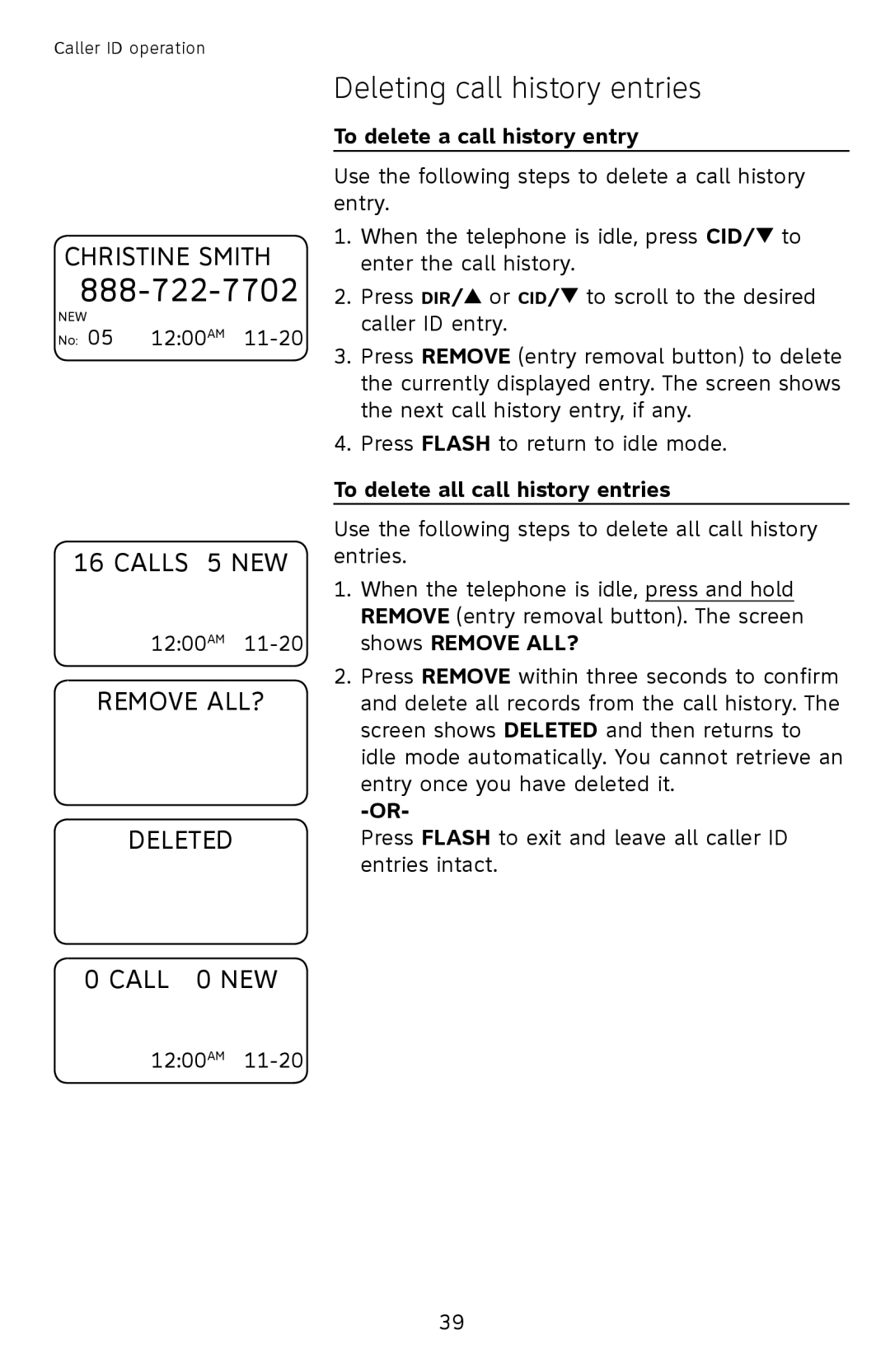 AT&T CL2939 user manual Deleting call history entries, To delete a call history entry, To delete all call history entries 