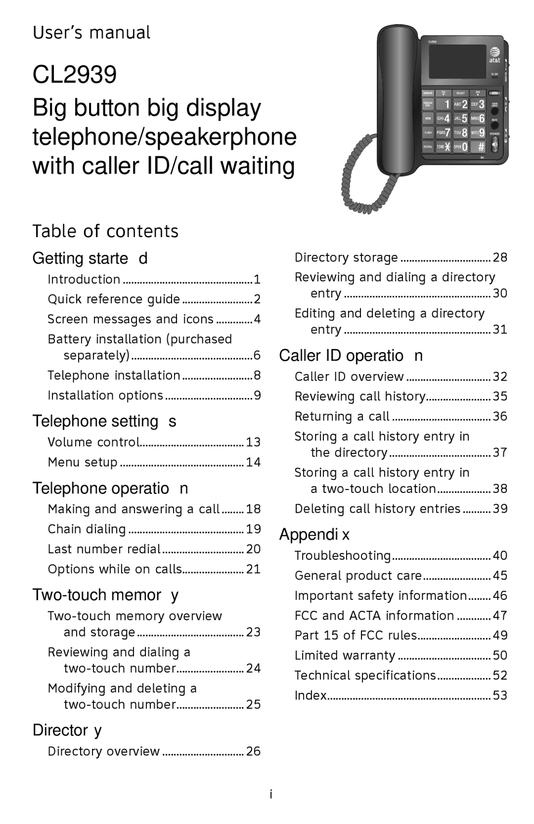 AT&T CL2939 user manual User’s manual, Table of contents 