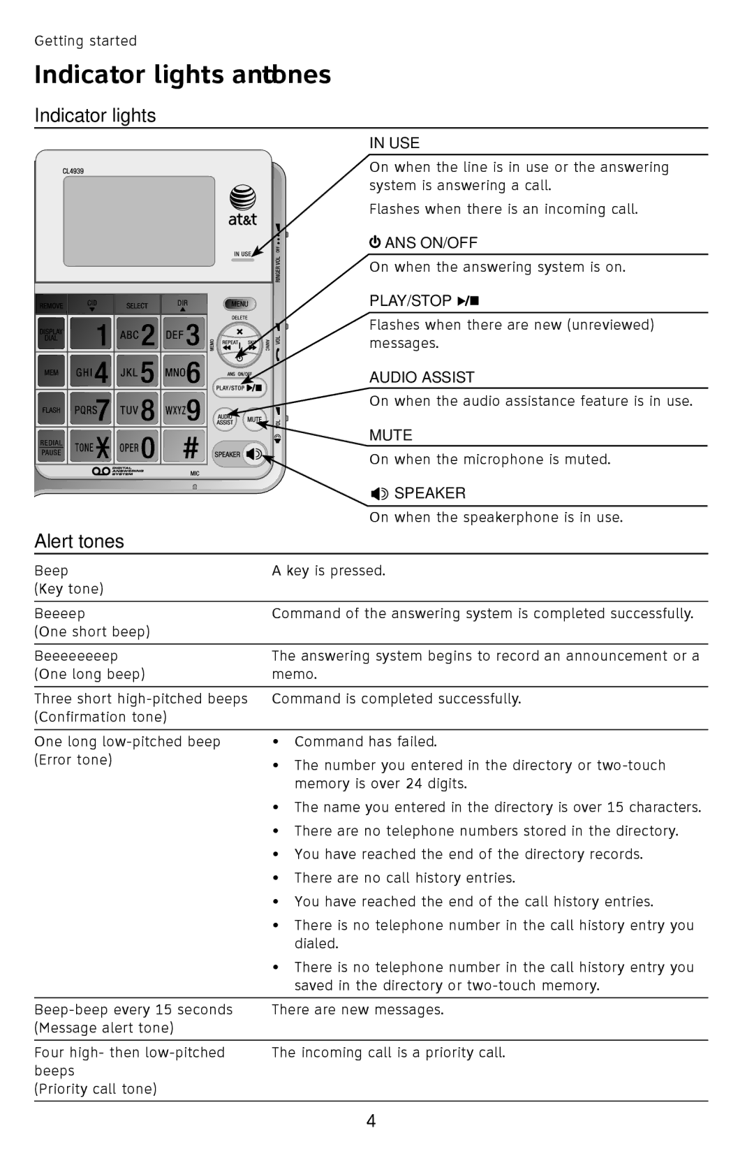 AT&T CL4939 user manual Indicator lights and tones, Alert tones 