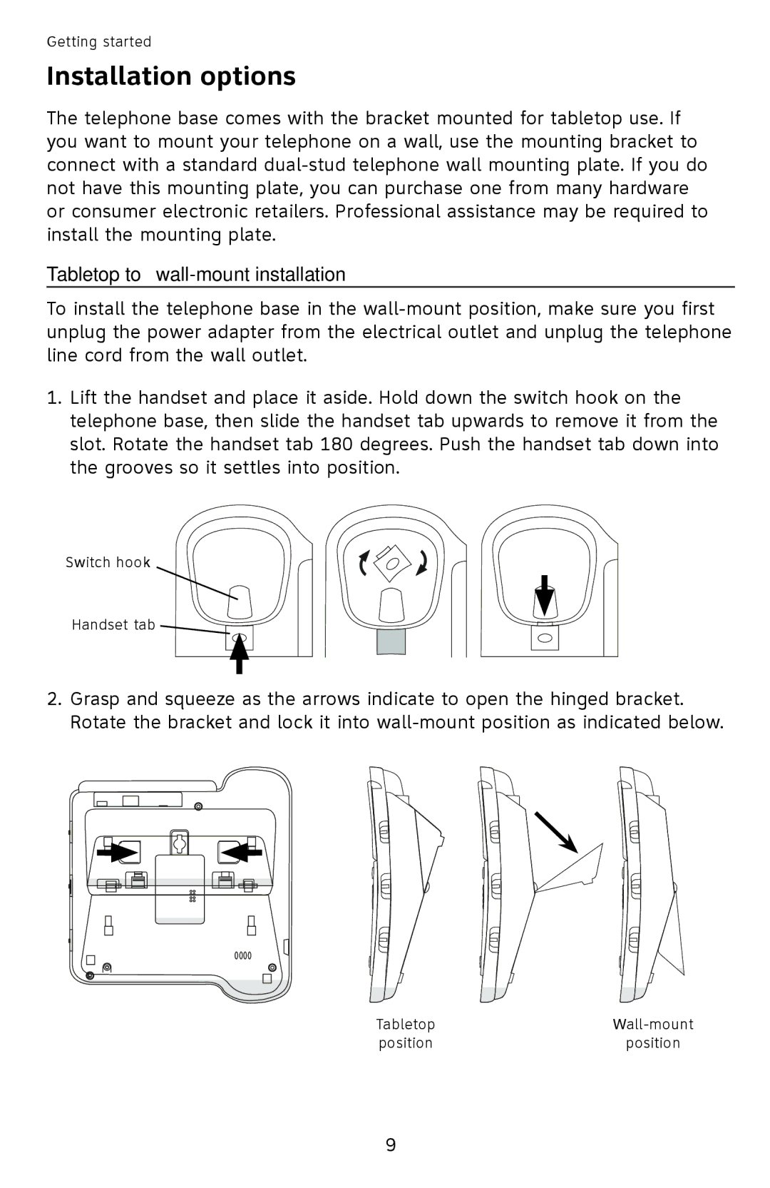 AT&T CL4939 user manual Installation options, Tabletop to wall-mount installation 