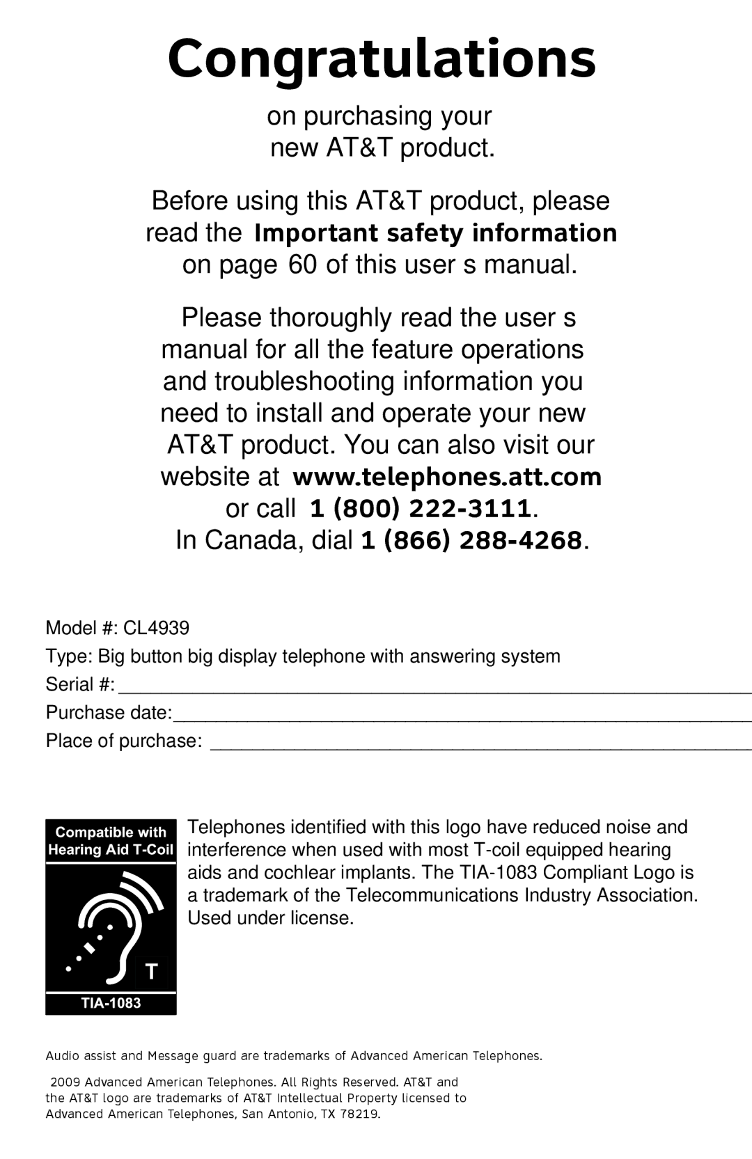 AT&T CL4939 user manual On purchasing your new AT&T product, Canada, dial 1 866 