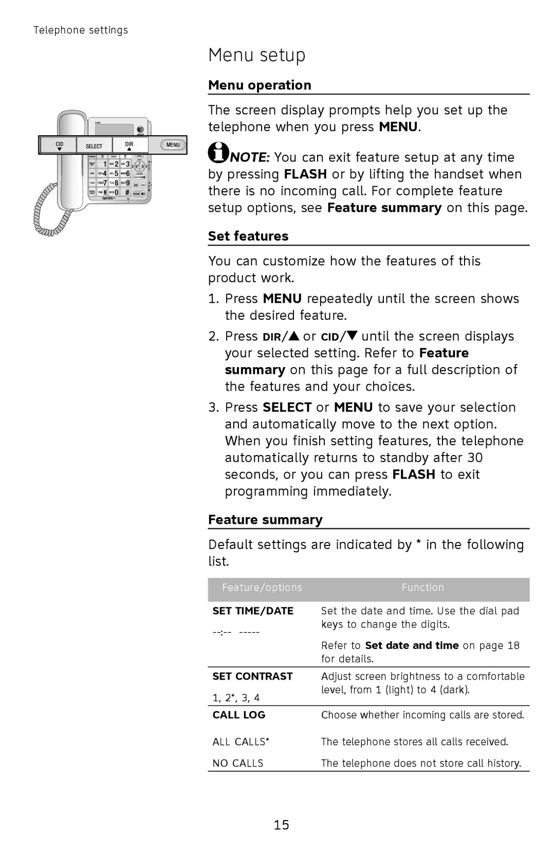 AT&T CL4939 user manual Menu setup, Menu operation, Set features, Feature summary 