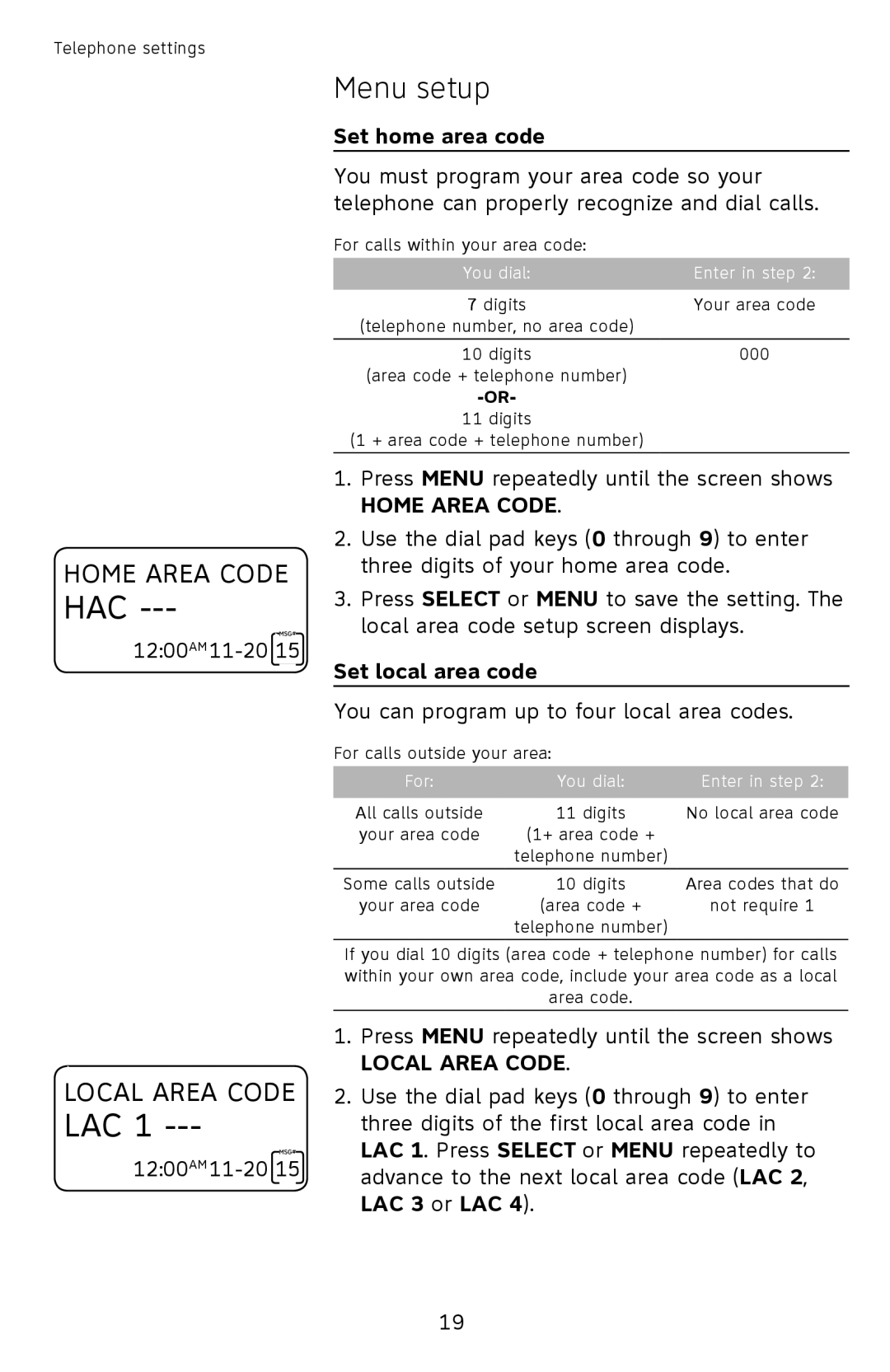 AT&T CL4939 user manual Set home area code, Set local area code 