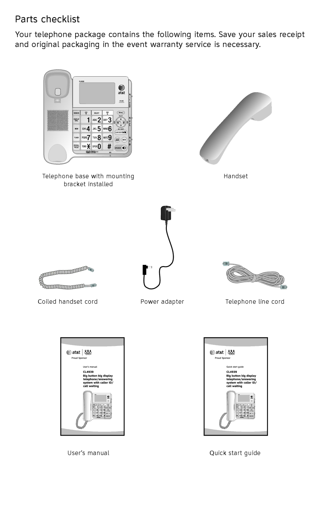 AT&T CL4939 user manual Parts checklist 