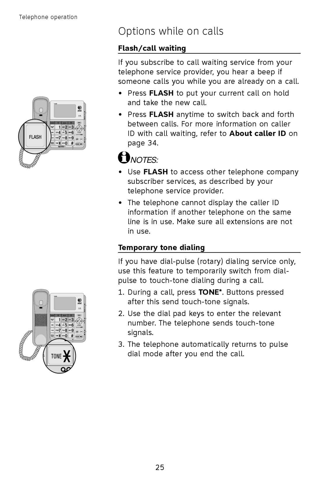 AT&T CL4939 user manual Flash/call waiting, Temporary tone dialing 