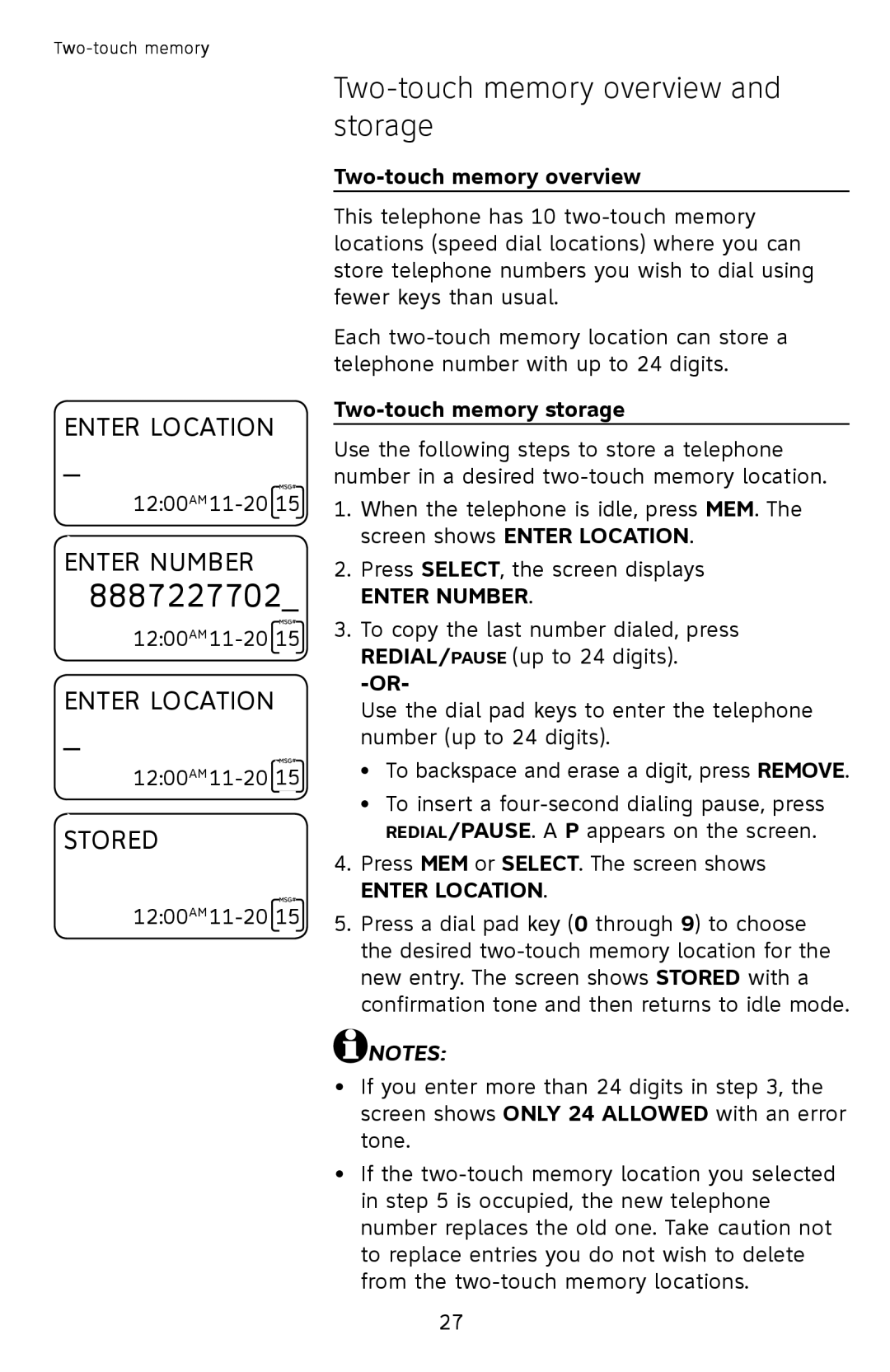 AT&T CL4939 user manual Two-touch memory overview and storage, Two-touch memory storage 