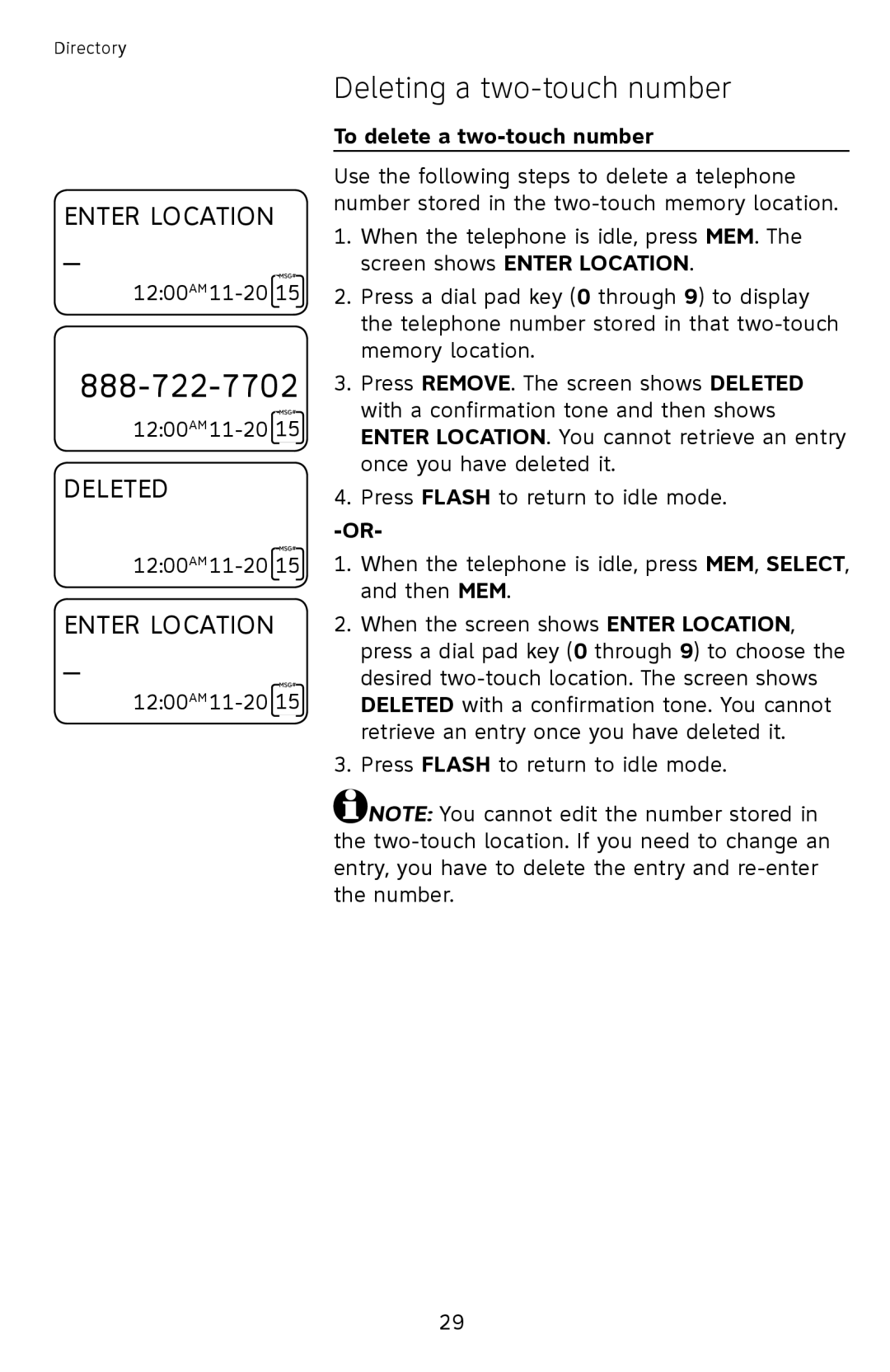 AT&T CL4939 user manual Deleting a two-touch number, To delete a two-touch number 