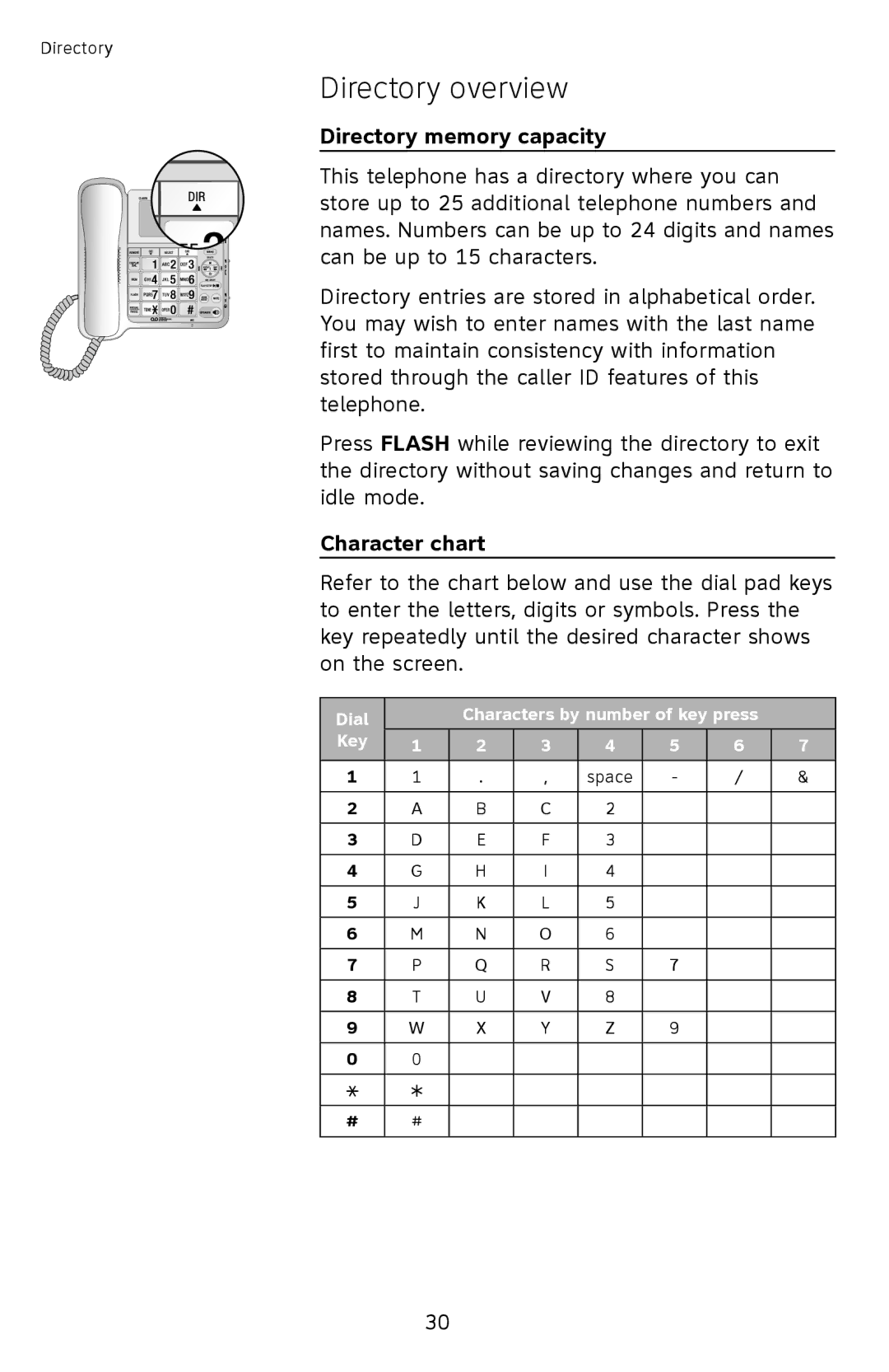 AT&T CL4939 user manual Directory overview, Directory memory capacity, Character chart 