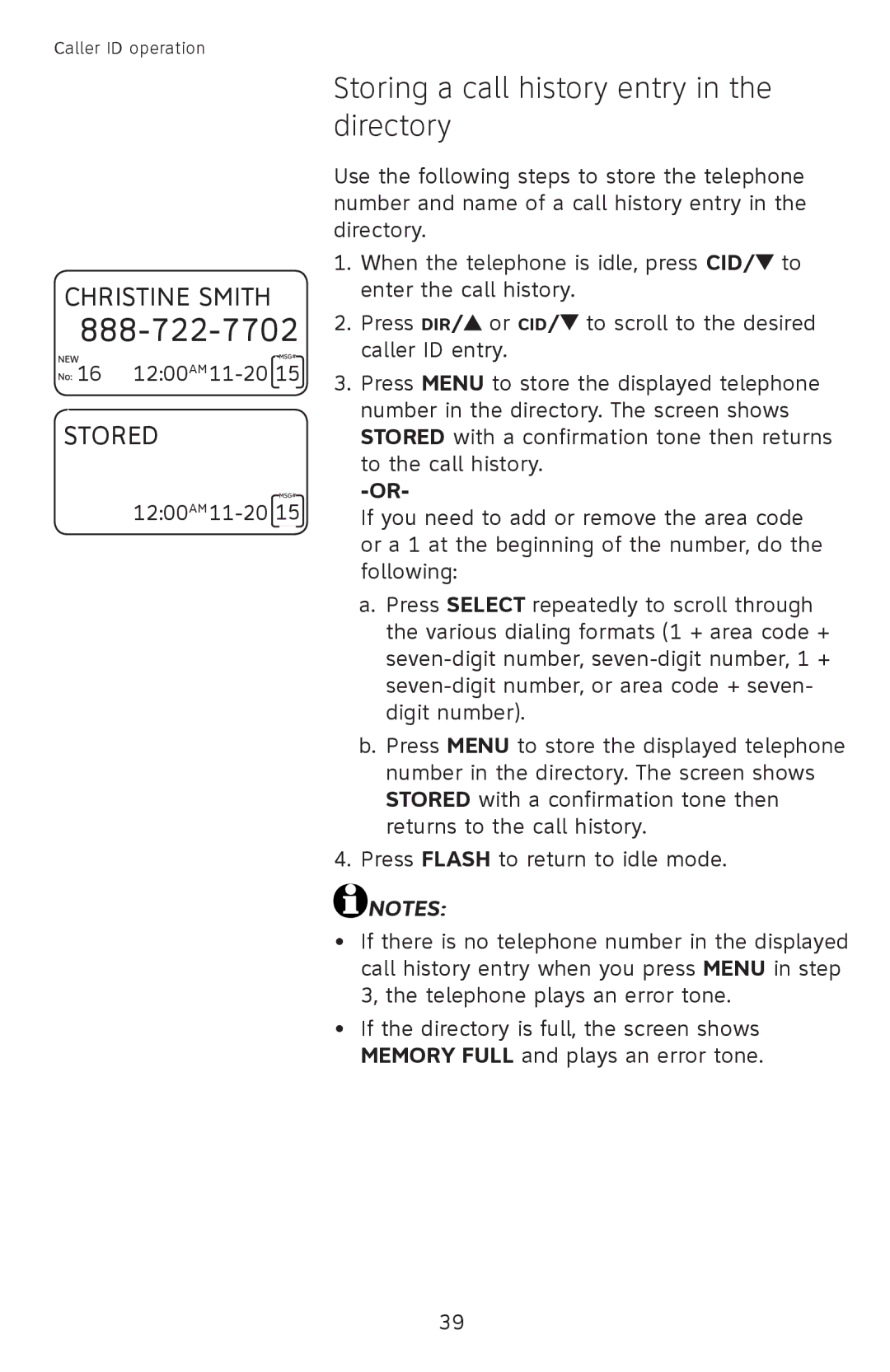 AT&T CL4939 user manual Storing a call history entry in the directory 