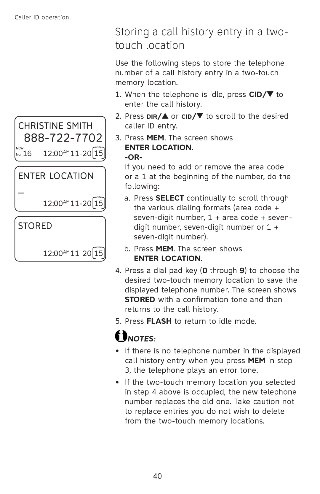 AT&T CL4939 user manual Storing a call history entry in a two- touch location 