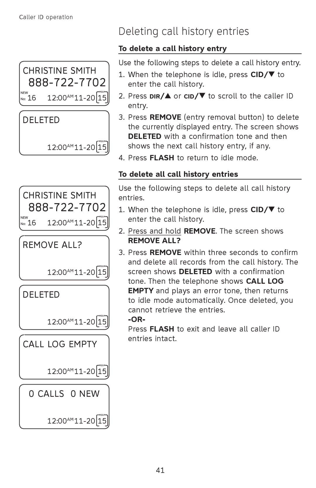 AT&T CL4939 user manual Deleting call history entries, To delete a call history entry, To delete all call history entries 