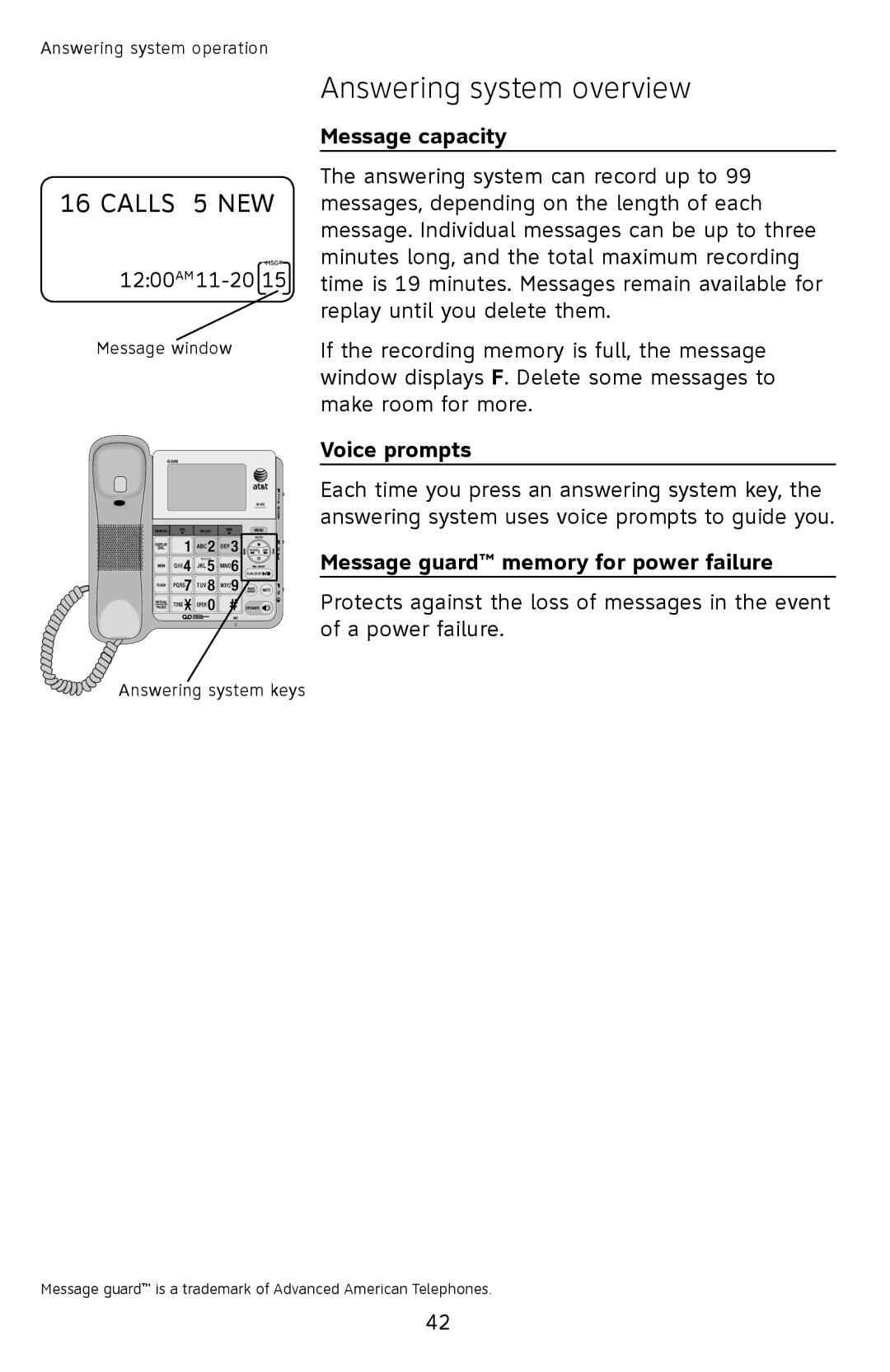 AT&T CL4939 user manual Answering system overview, Message capacity, Voice prompts, Message guard memory for power failure 