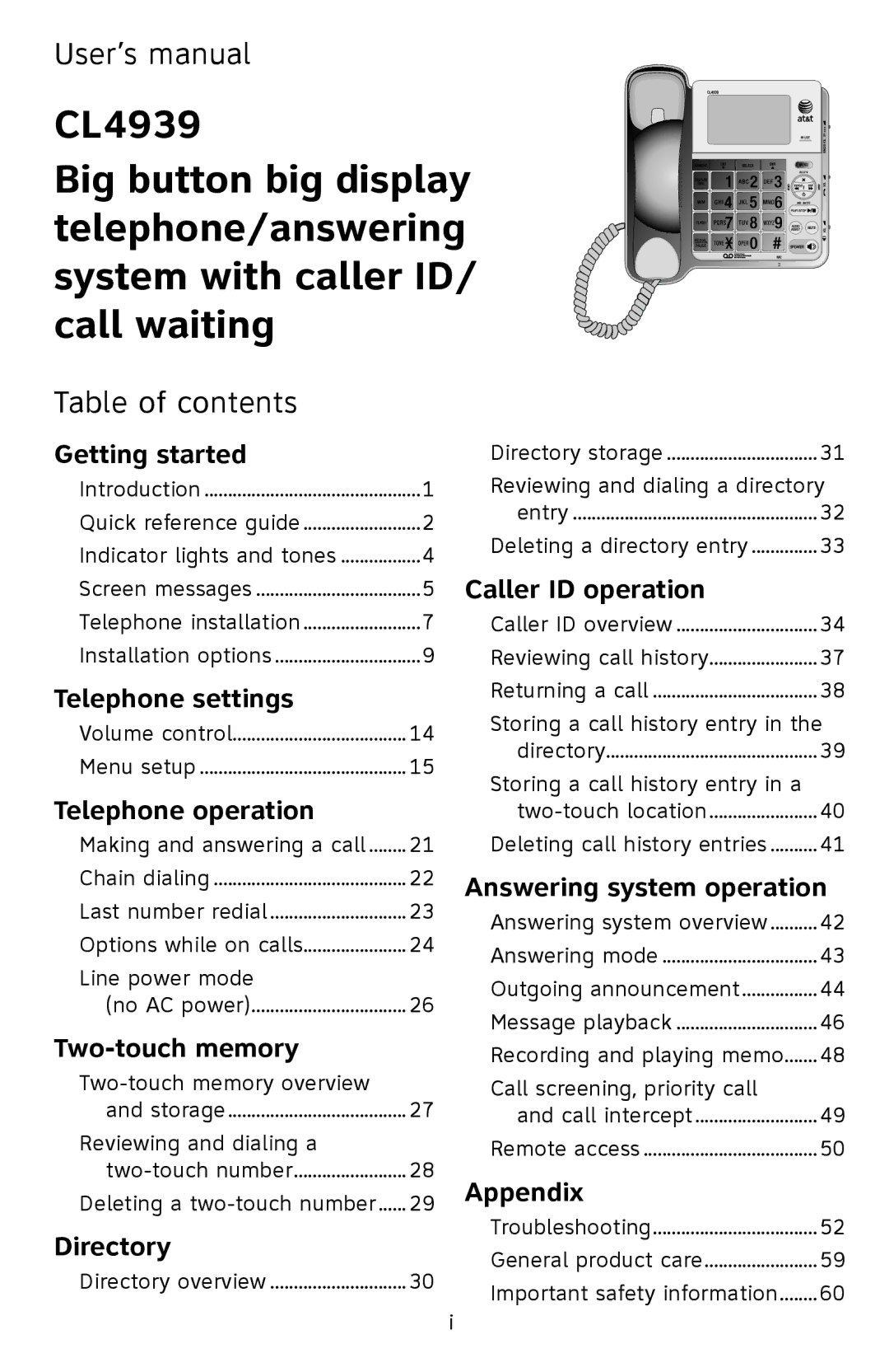 AT&T CL4939 user manual User’s manual, Table of contents 