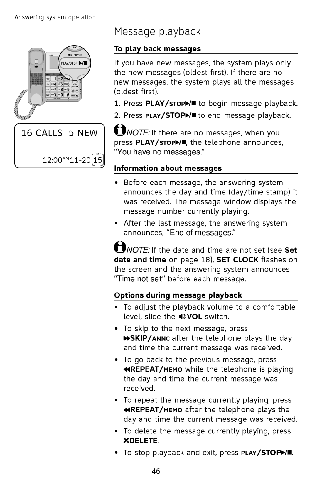 AT&T CL4939 Message playback, To play back messages, Information about messages, Options during message playback 