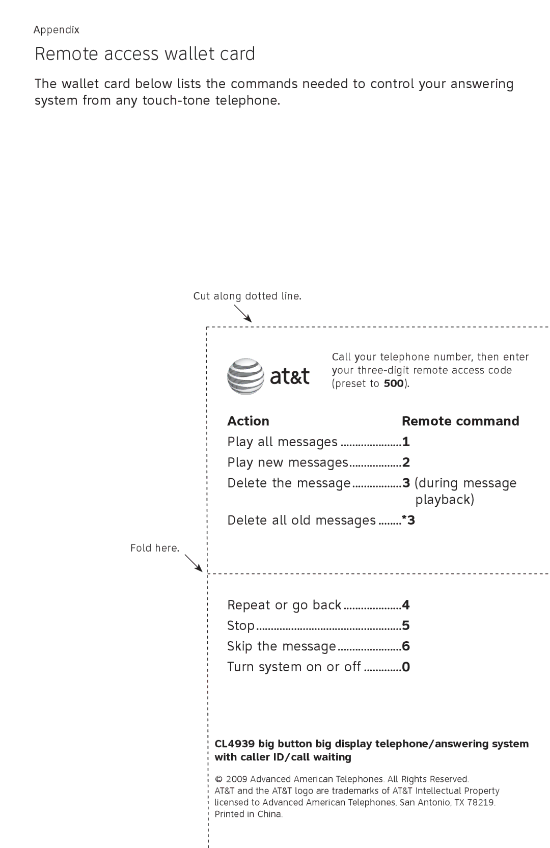 AT&T CL4939 user manual Remote access wallet card, Action Remote command 