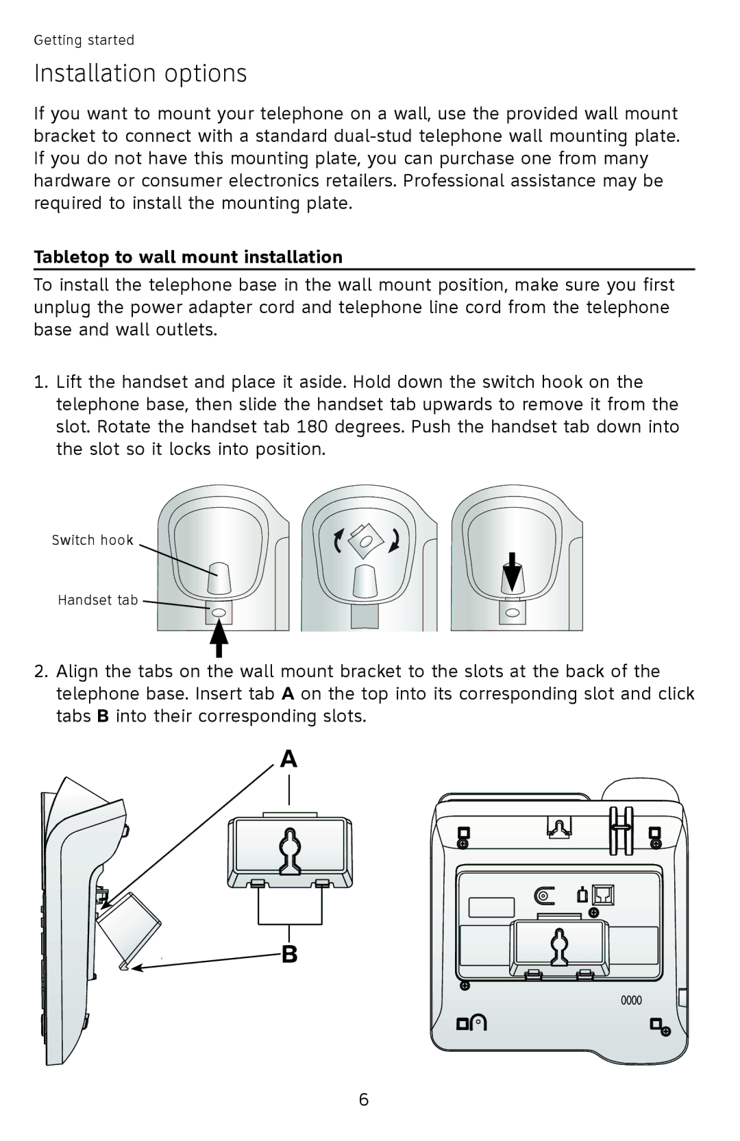 AT&T CL4940 user manual Installation options, Tabletop to wall mount installation 