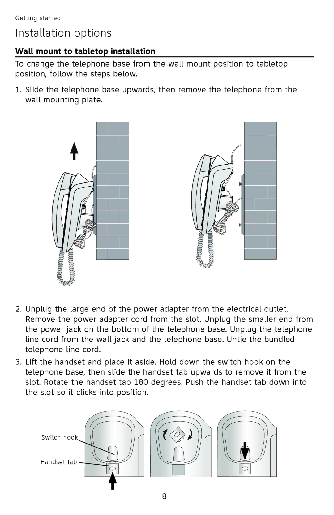 AT&T CL4940 user manual Wall mount to tabletop installation 