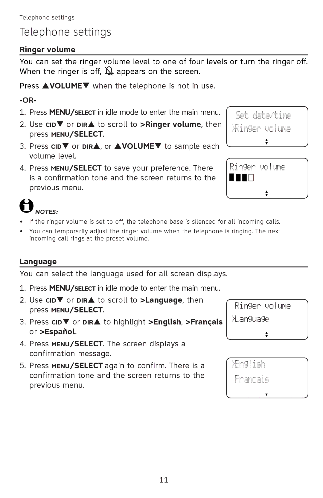 AT&T CL4940 user manual Ringer volume, Language 